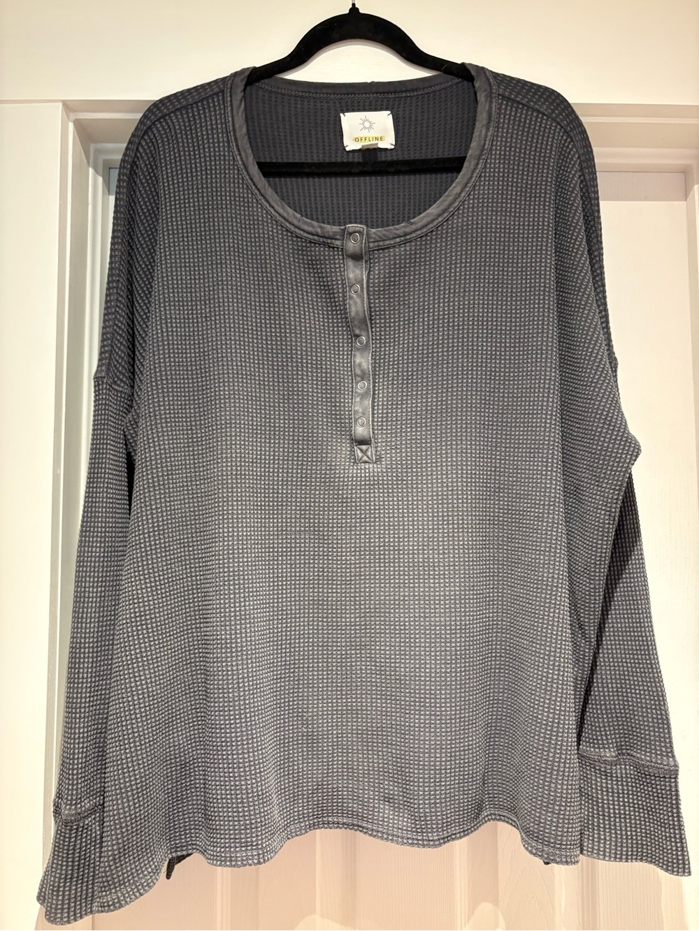 aerie Gray Waffle Henley Crewneck Sweater